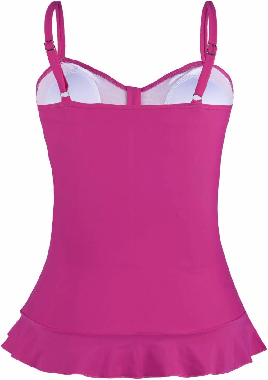Hilor Women's 50's Retro Ruched Tankini Swimsuit Top with Ruffle Hem Bathing Suit Top Tummy Control Swim Tops