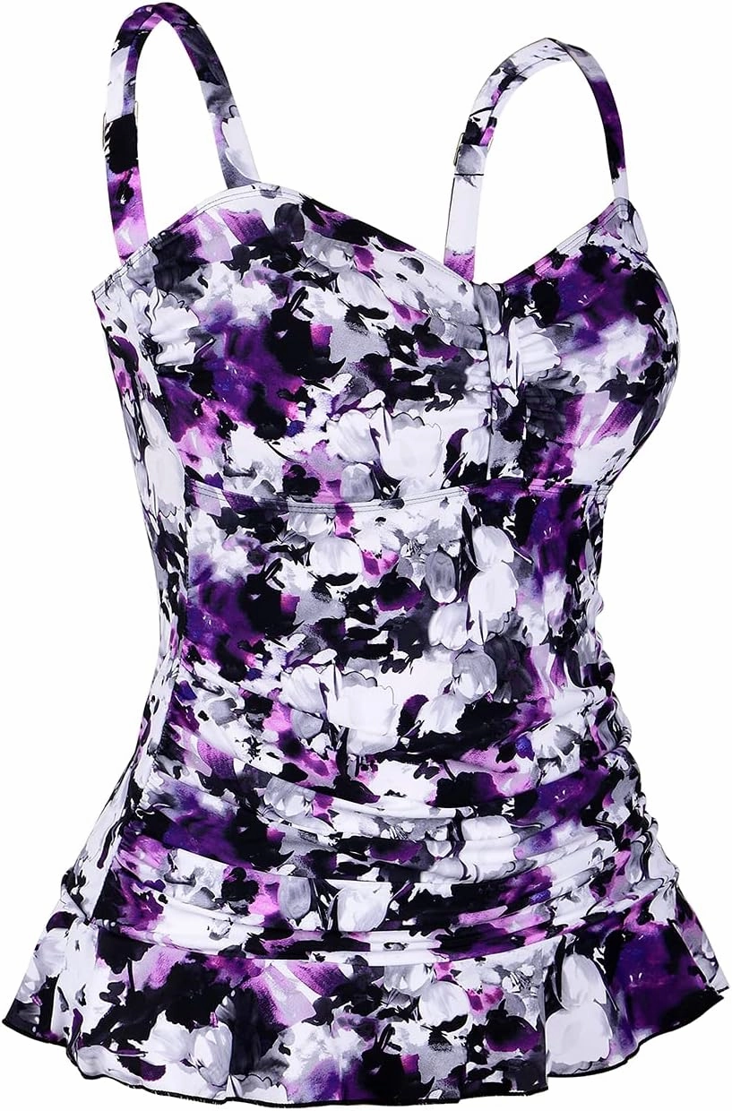 Hilor Women's 50's Retro Ruched Tankini Swimsuit Top with Ruffle Hem Bathing Suit Top Tummy Control Swim Tops