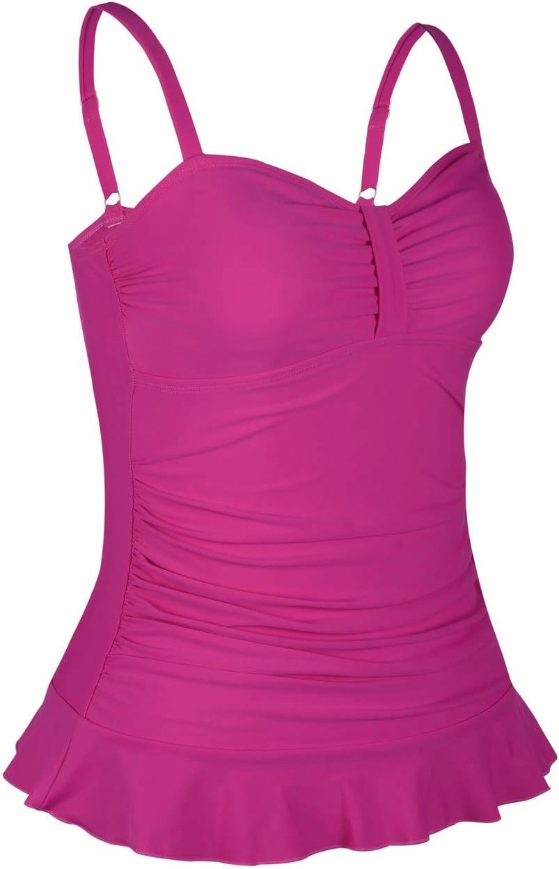 Hilor Women's 50's Retro Ruched Tankini Swimsuit Top with Ruffle Hem Bathing Suit Top Tummy Control Swim Tops