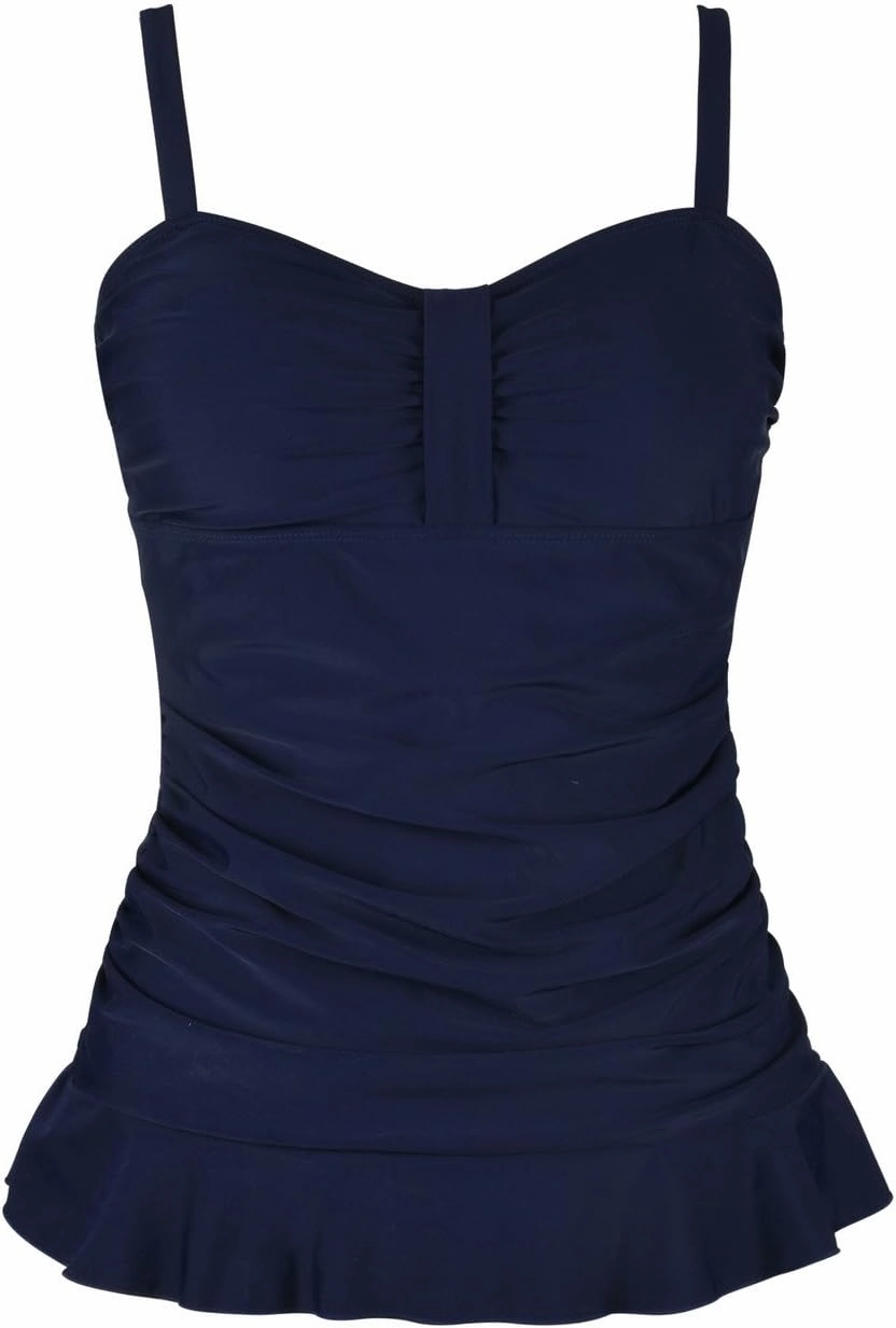 Hilor Women's 50's Retro Ruched Tankini Swimsuit Top with Ruffle Hem Bathing Suit Top Tummy Control Swim Tops