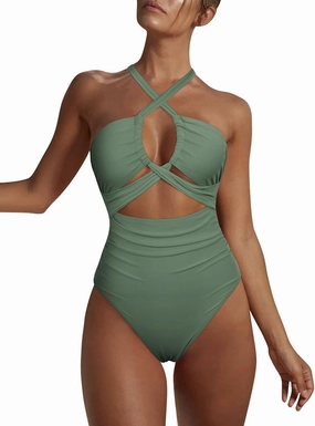 Hilor Women's One Piece Swimsuit Sexy Cutout Halter Bathing Suits Crossover High Cut Monokini Swimwear
