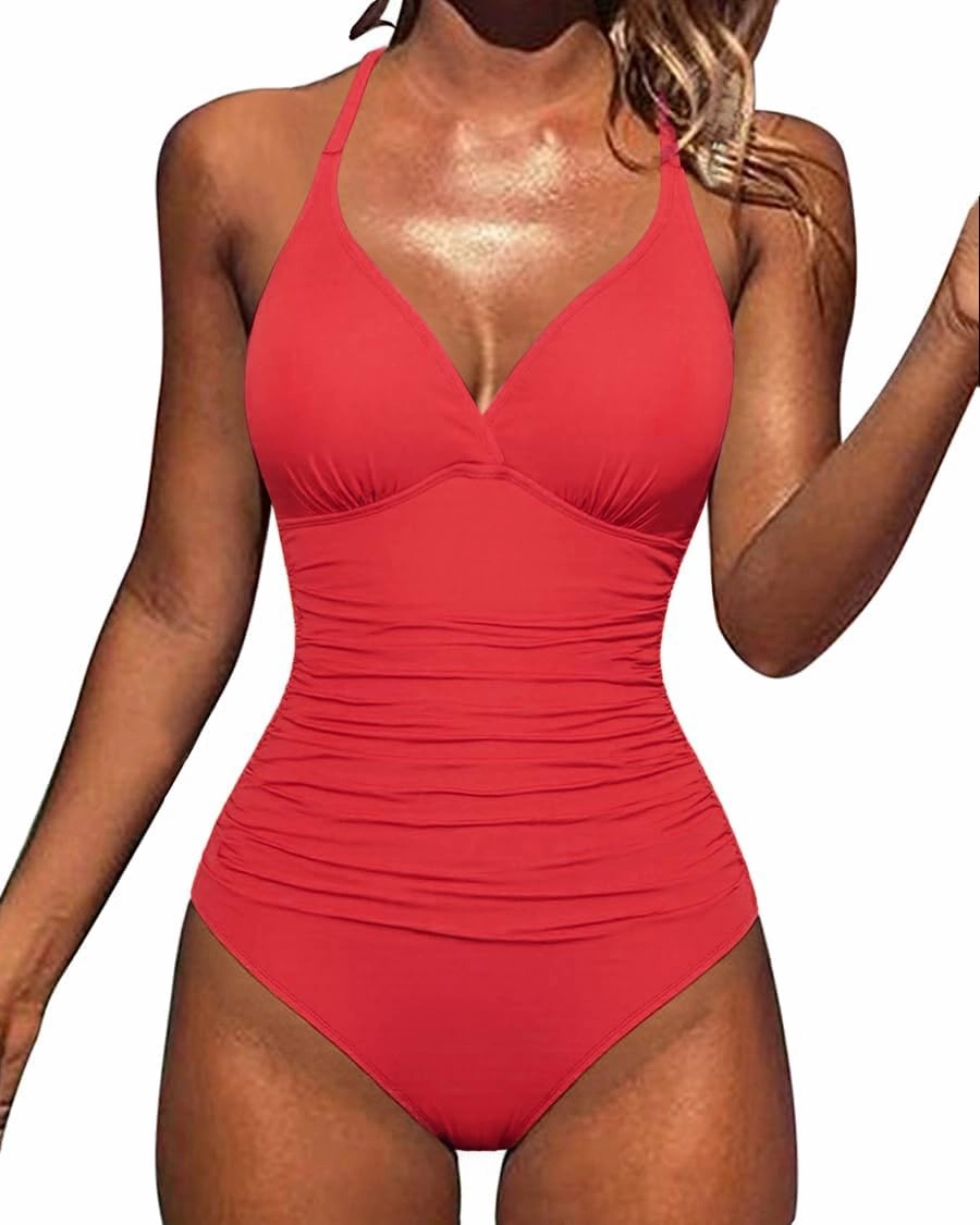 Hilor Women's Tummy Control One Piece Swimsuits Halter V Neck Push Up Slimming Bathing Suits Ruched Swimwear