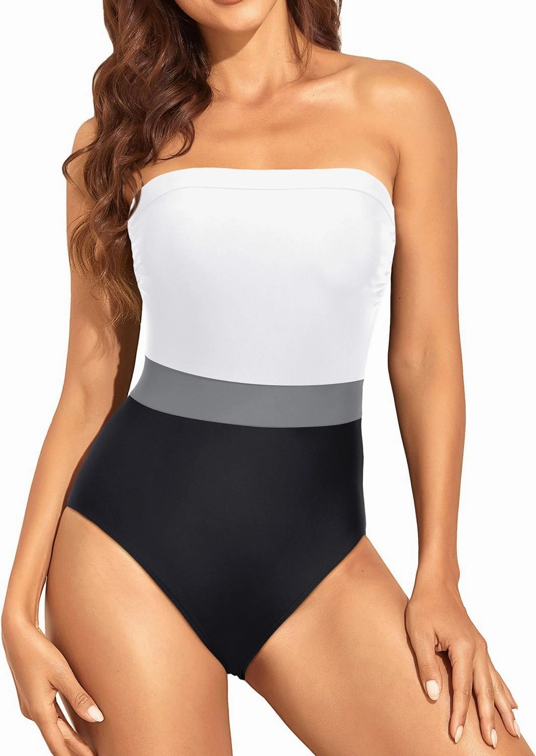 Holipick Strapless Bandeau One Piece Swimsuits Color Block for Women Full Coverage Bathing Suits Halter Swimwear