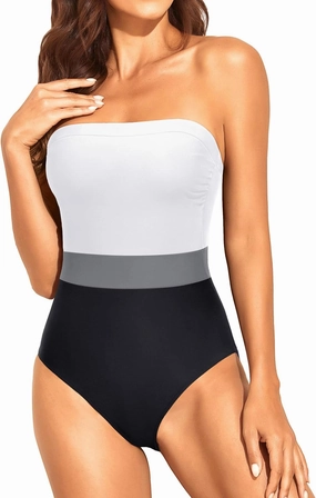 Holipick Strapless Bandeau One Piece Swimsuits Color Block for Women Full Coverage Bathing Suits Halter Swimwear