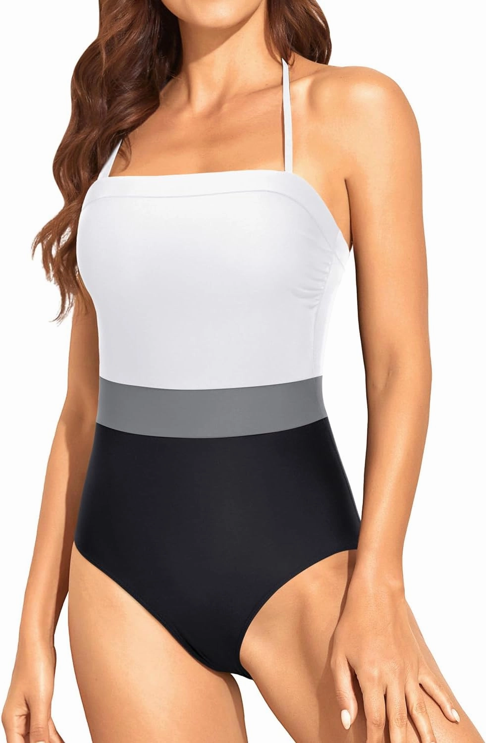 Holipick Strapless Bandeau One Piece Swimsuits Color Block for Women Full Coverage Bathing Suits Halter Swimwear