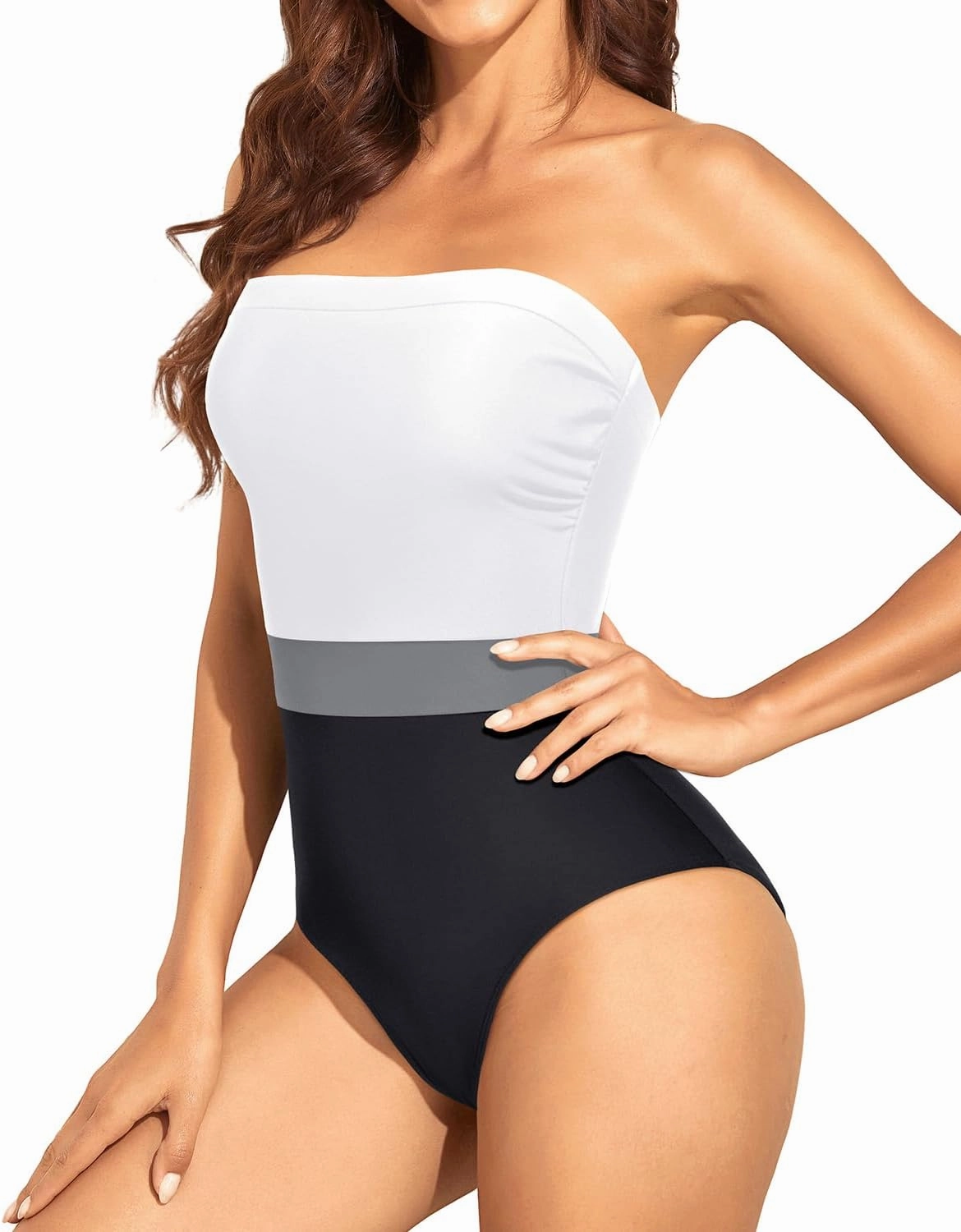 Holipick Strapless Bandeau One Piece Swimsuits Color Block for Women Full Coverage Bathing Suits Halter Swimwear