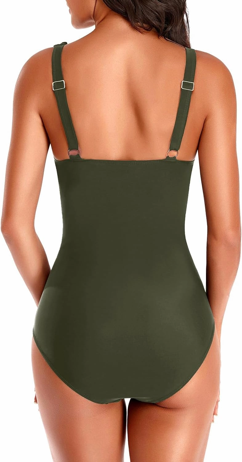 Holipick Women One Piece Swimsuits Tummy Control Bathing Suit Ruffle V Neck Swimwear Slimming Monokini