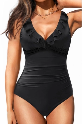 Holipick Women One Piece Swimsuits Tummy Control Bathing Suit Ruffle V Neck Swimwear Slimming Monokini