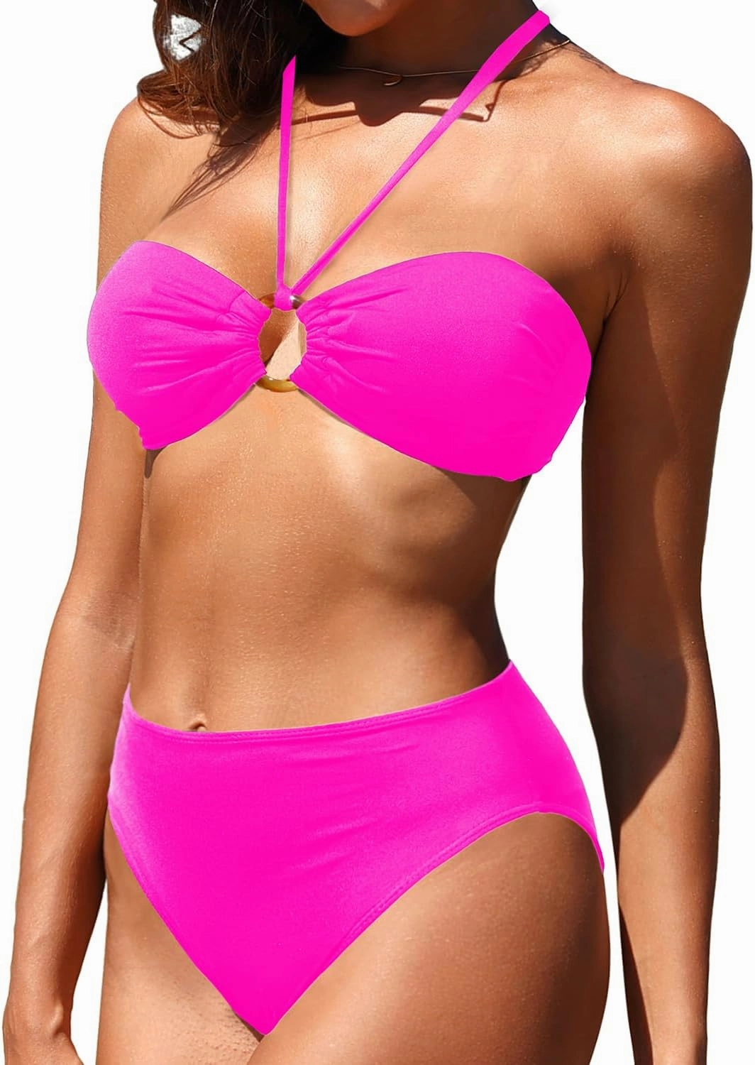 Holipick Women's Bandeau Bikini Set High Waisted Bathing Suits O Ring Halter Bikini Tops Two Piece Swimsuit
