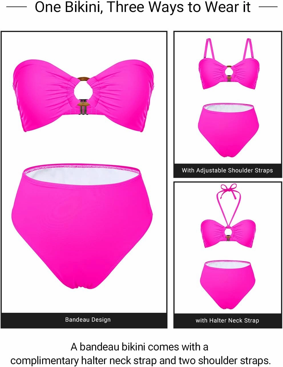 Holipick Women's Bandeau Bikini Set High Waisted Bathing Suits O Ring Halter Bikini Tops Two Piece Swimsuit