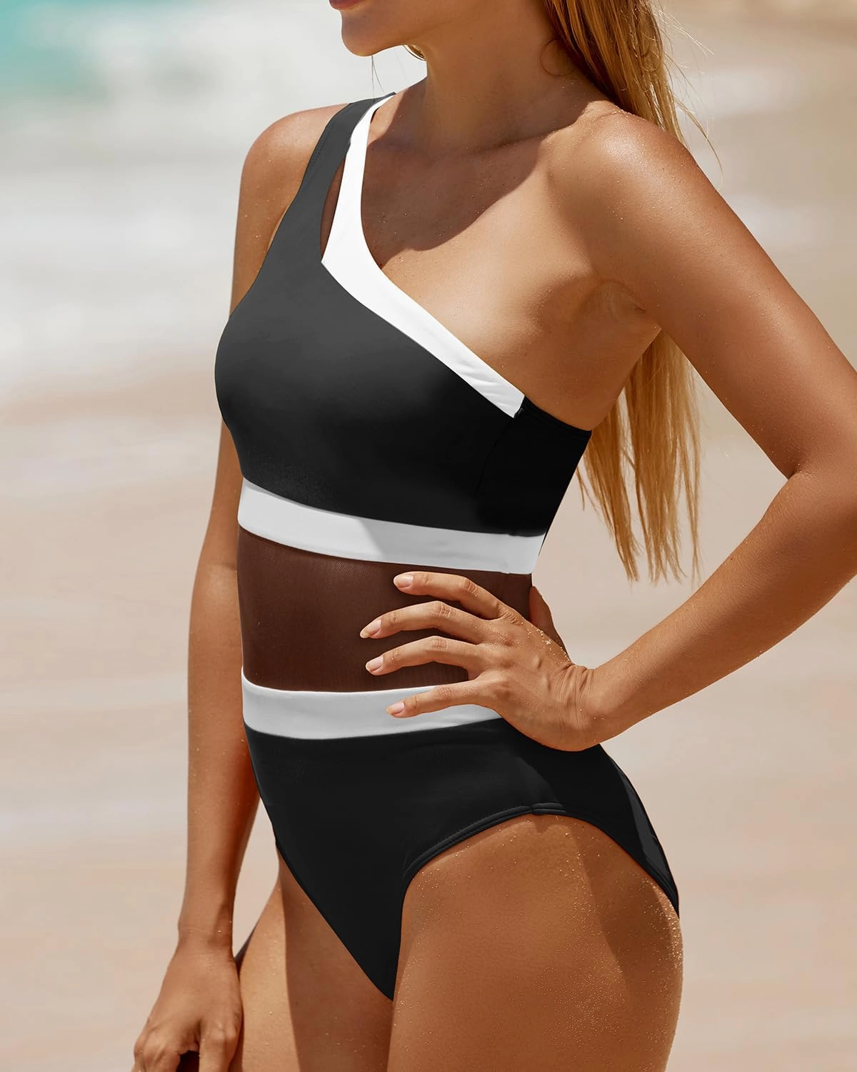 Holipick Women's One Shoulder One Piece Swimsuit Cutout Bathing Suits Mesh Slimming Swimwear for Teen Girls