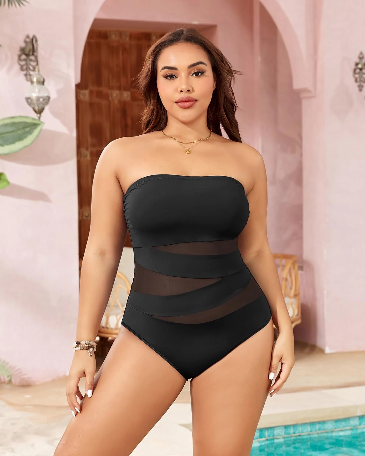 Holipick Women Strapless Bandeau One Piece Swimsuits Sexy Mesh Cutout Bathing Suits Tummy Control Swimwear