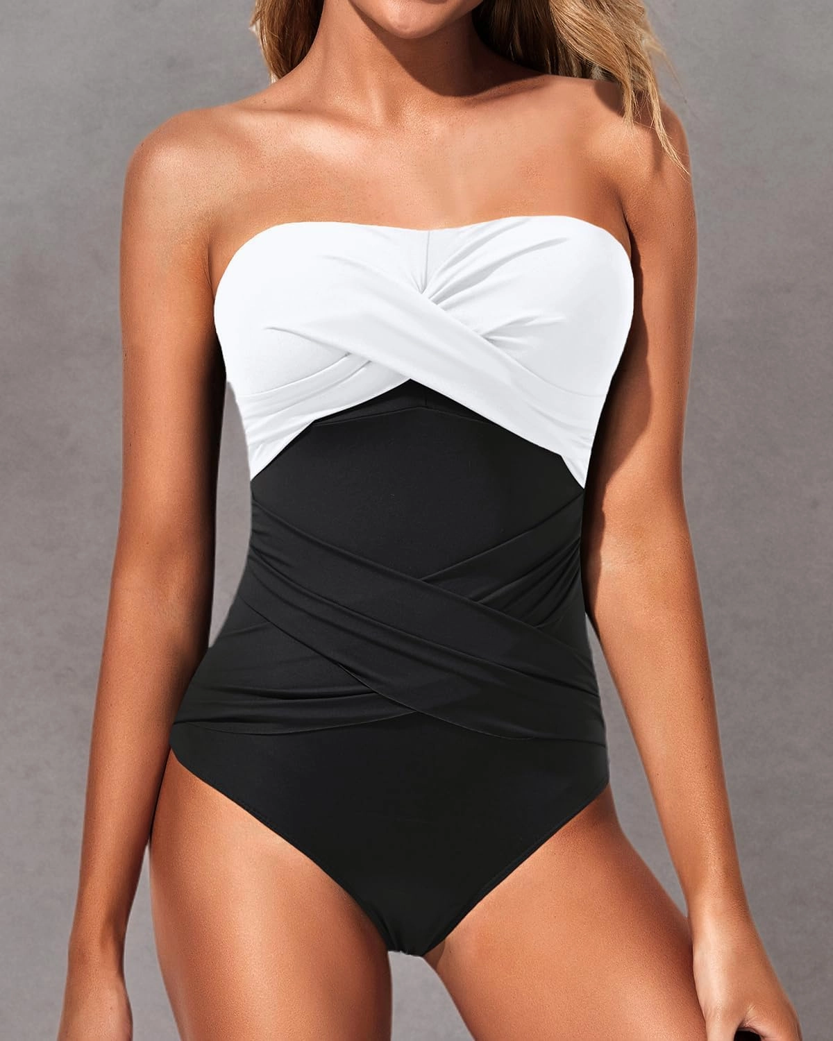 Holipick Women Strapless One Piece Swimsuits Tummy Control Bandeau Bathing Suits Retro Slimming Swimwear