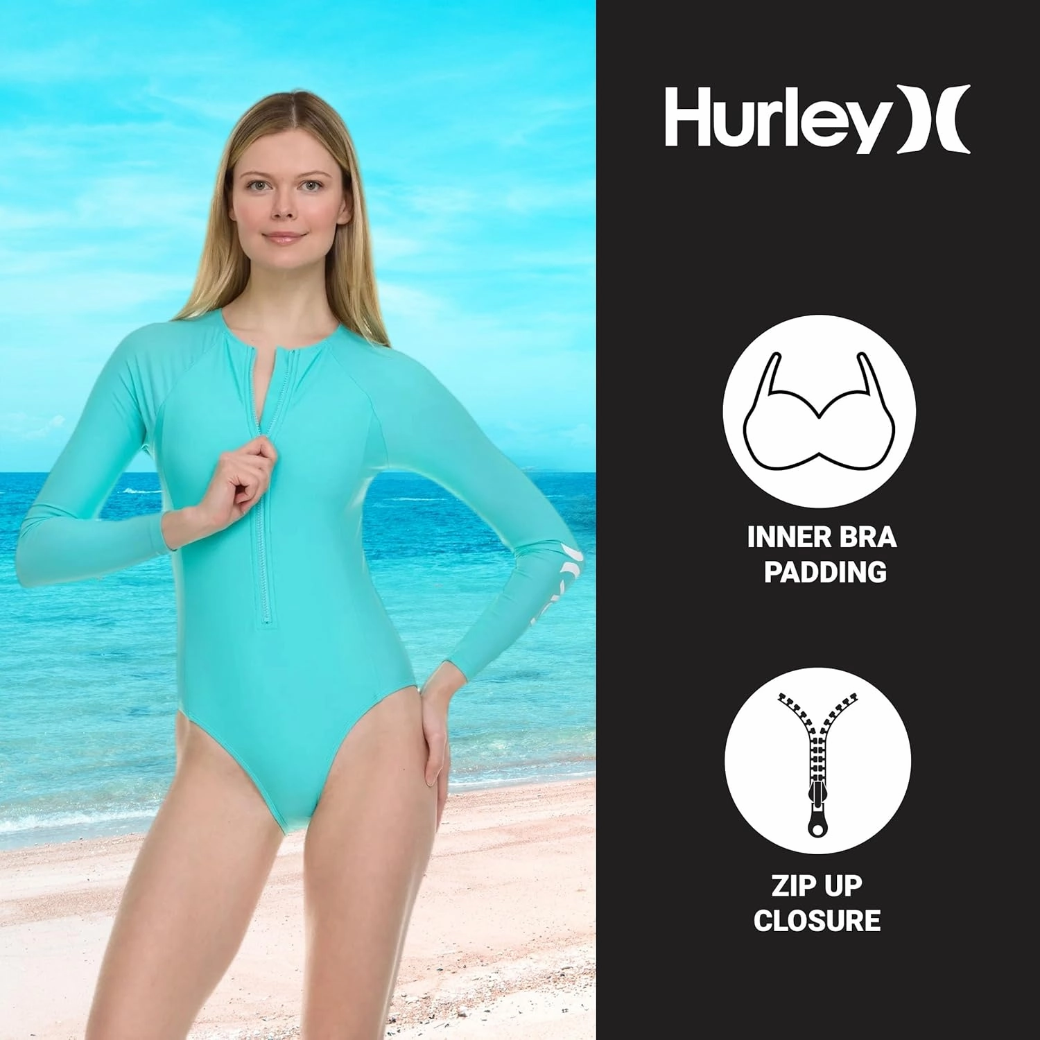Hurley Long Sleeve Womens One Piece Swimsuits, Swimsuit for Women, Bathing Suit for Women, Swim Suit UPF 50  SPF UV Protected