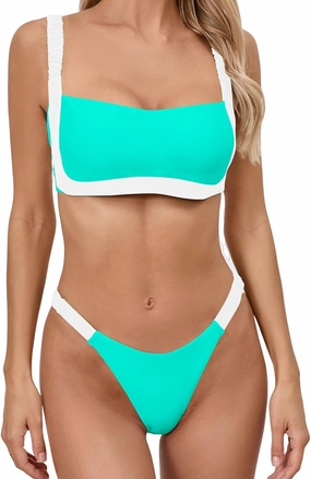 HYTENSUN Women's Bandeau Cheeky Bikini Colorblock Square Neck High Cut Swimsuits Two Pieces Bathing Suits