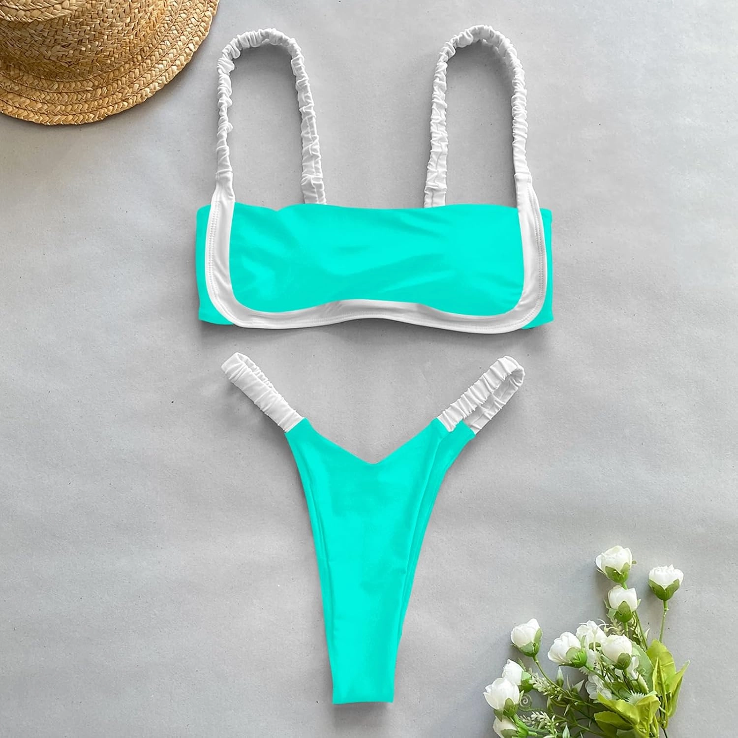 HYTENSUN Women's Bandeau Cheeky Bikini Colorblock Square Neck High Cut Swimsuits Two Pieces Bathing Suits