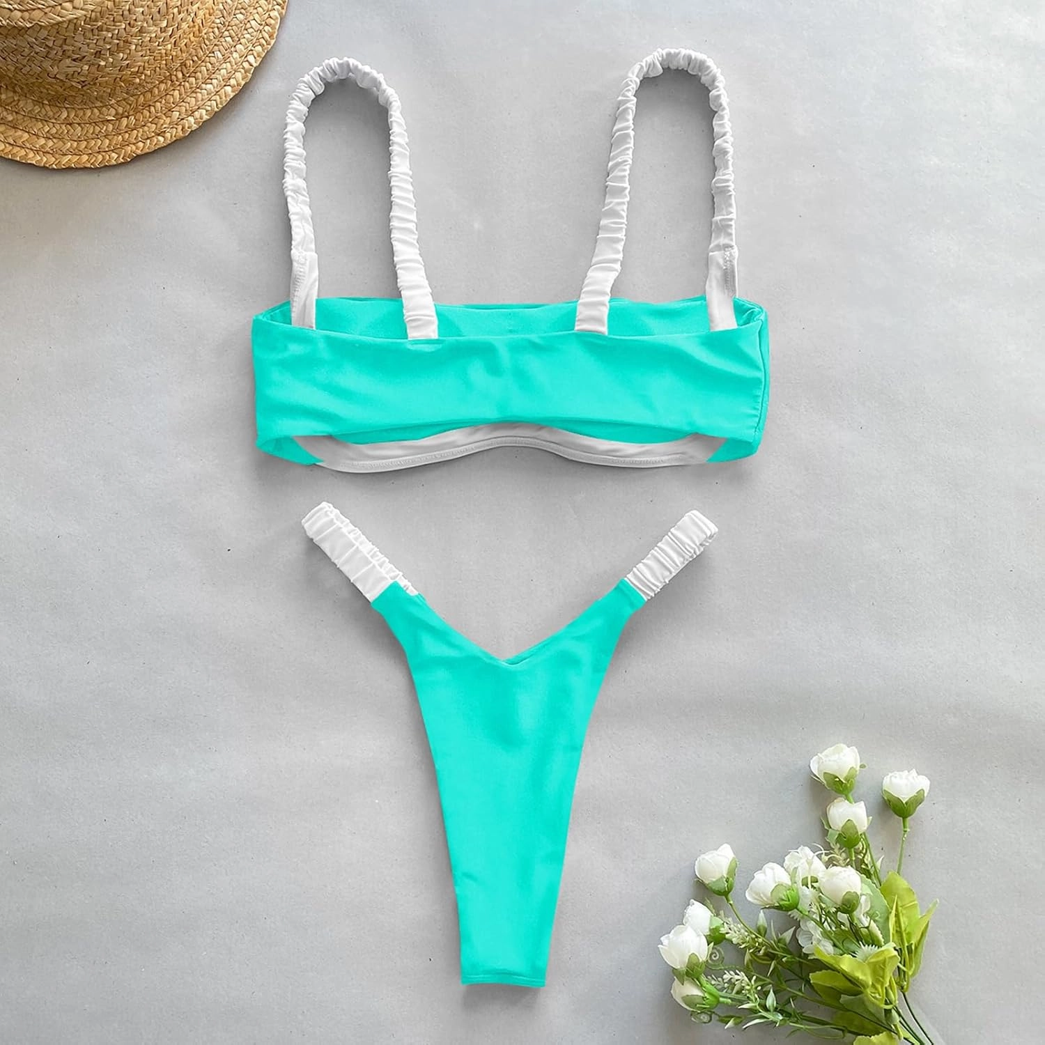 HYTENSUN Women's Bandeau Cheeky Bikini Colorblock Square Neck High Cut Swimsuits Two Pieces Bathing Suits
