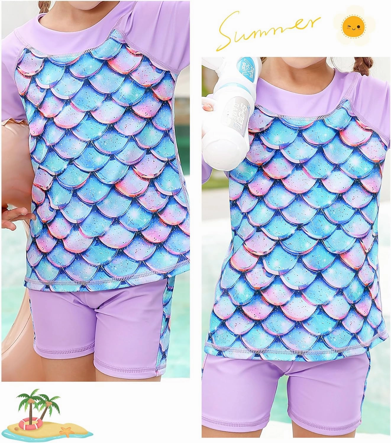 Idgreatim 3-8 Years Girls Swimsuit Rash Guard Set Short Sleeve Two Piece Bathing Suit Summer Beach UPF 50  Swimwear