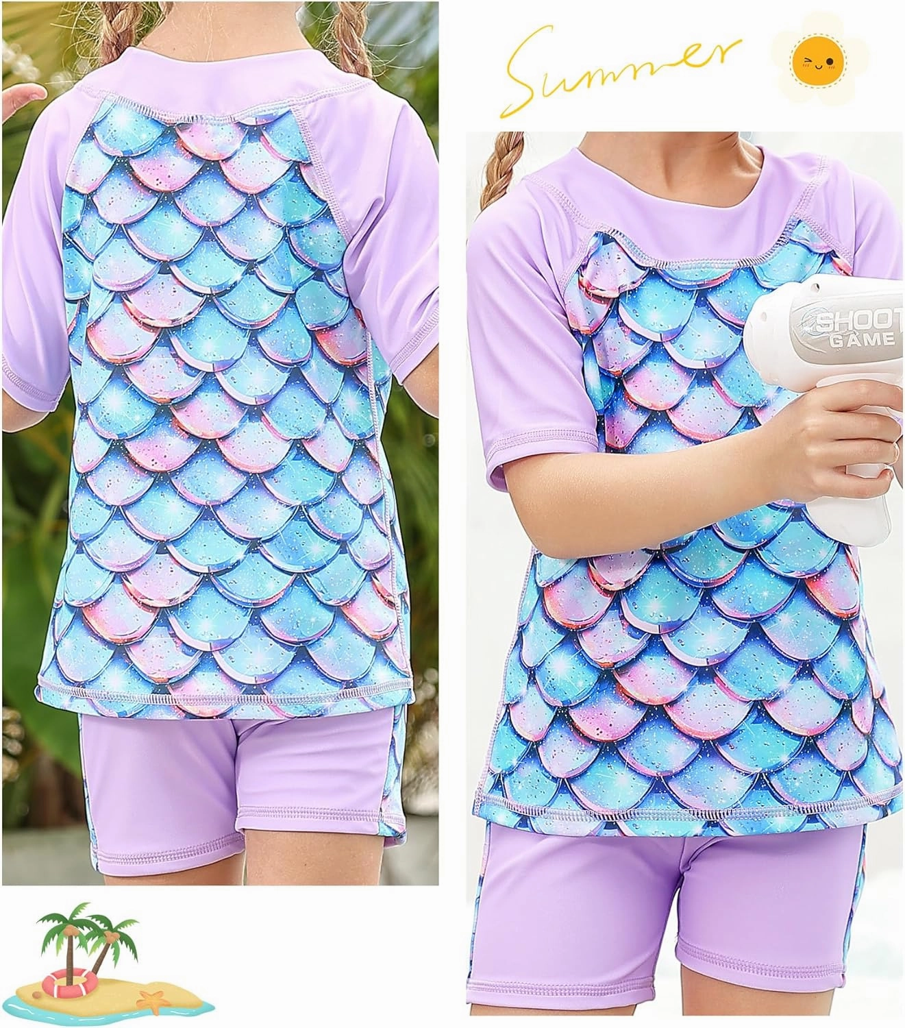 Idgreatim 3-8 Years Girls Swimsuit Rash Guard Set Short Sleeve Two Piece Bathing Suit Summer Beach UPF 50  Swimwear