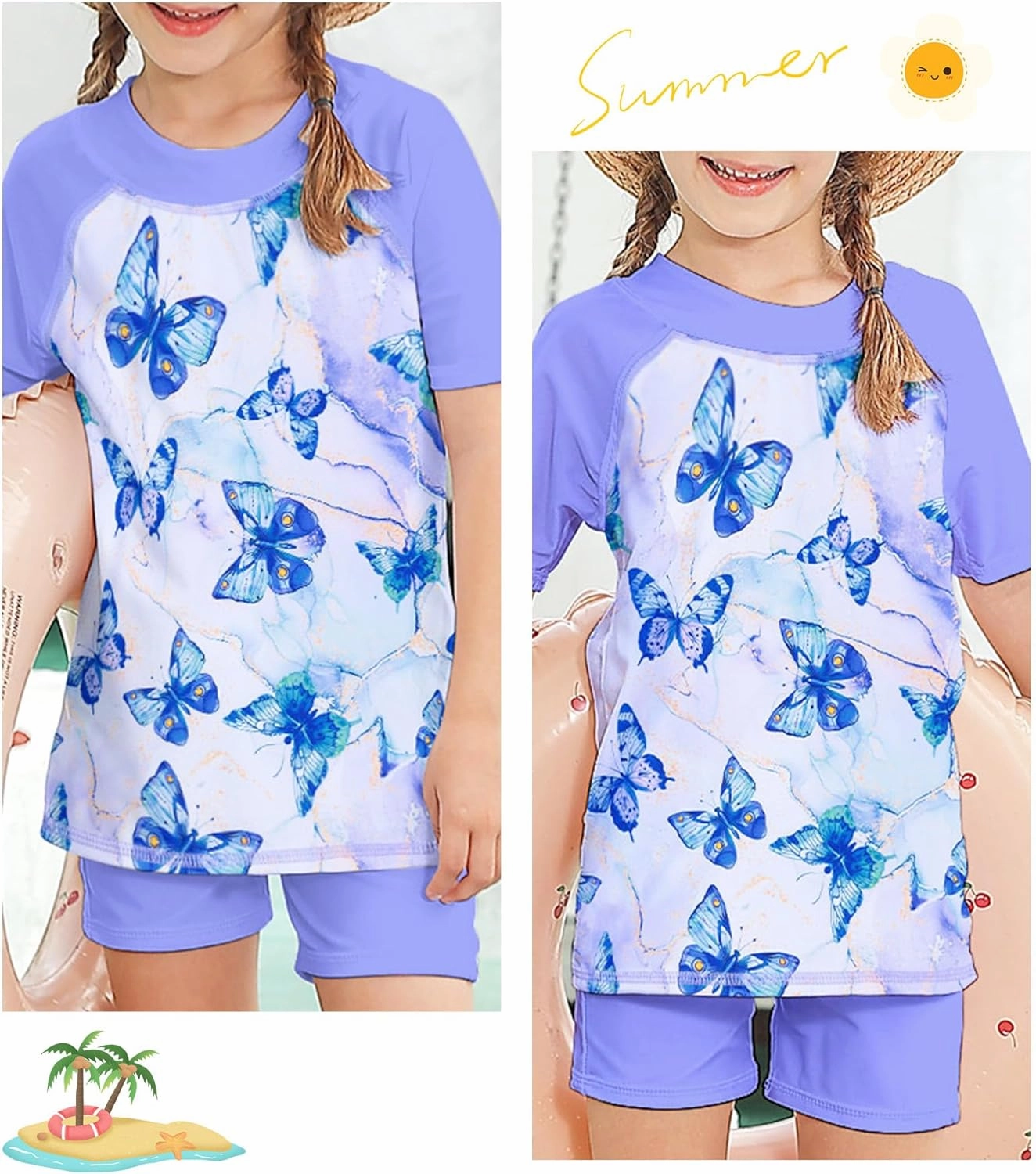 Idgreatim 3-8 Years Girls Swimsuit Rash Guard Set Short Sleeve Two Piece Bathing Suit Summer Beach UPF 50  Swimwear