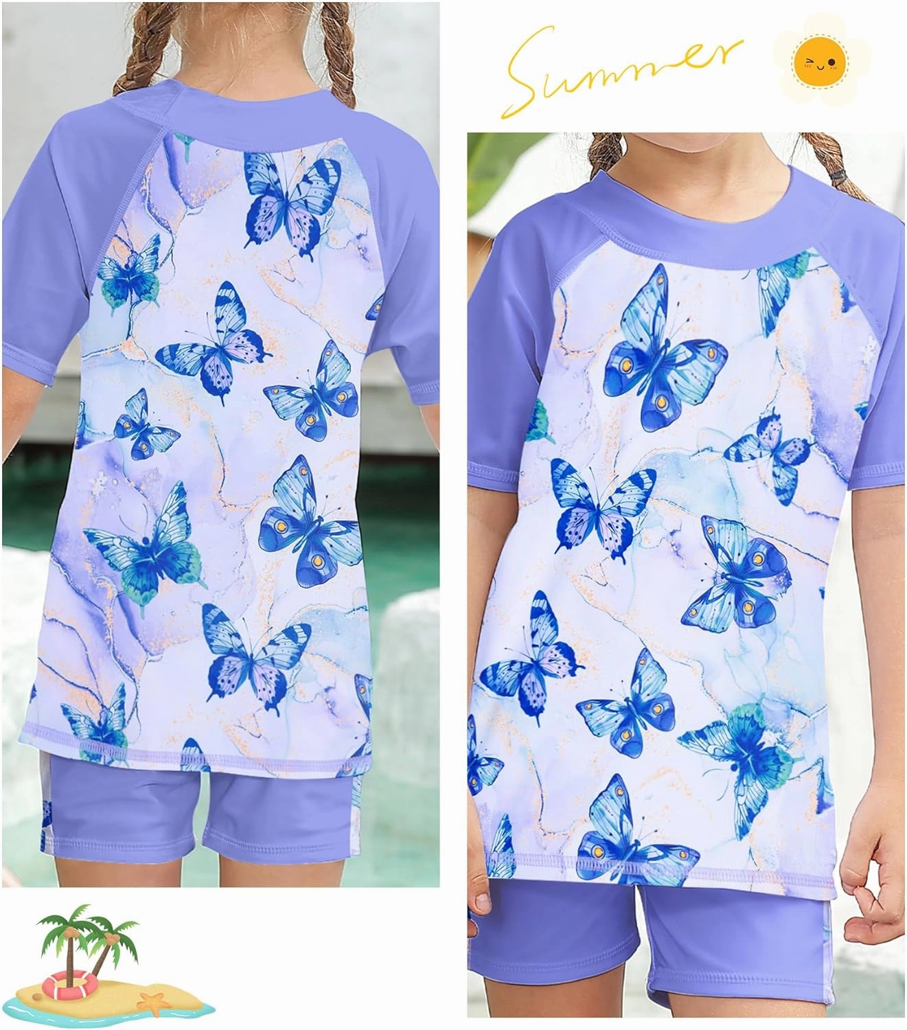 Idgreatim 3-8 Years Girls Swimsuit Rash Guard Set Short Sleeve Two Piece Bathing Suit Summer Beach UPF 50  Swimwear