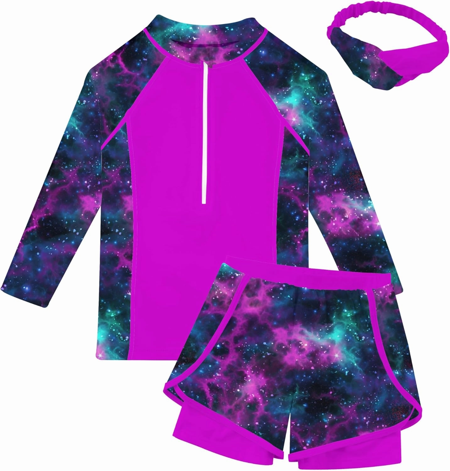 Idgreatim 5-12 Years Girls Swimsuits 3 Piece Rashguard Set with Headband Long Sleeve UPF 50  Bathing Suit with Zipper