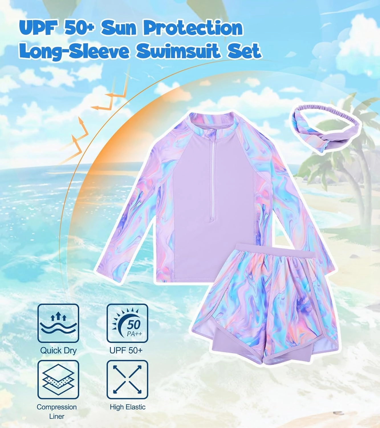 Idgreatim 5-12 Years Girls Swimsuits 3 Piece Rashguard Set with Headband Long Sleeve UPF 50  Bathing Suit with Zipper