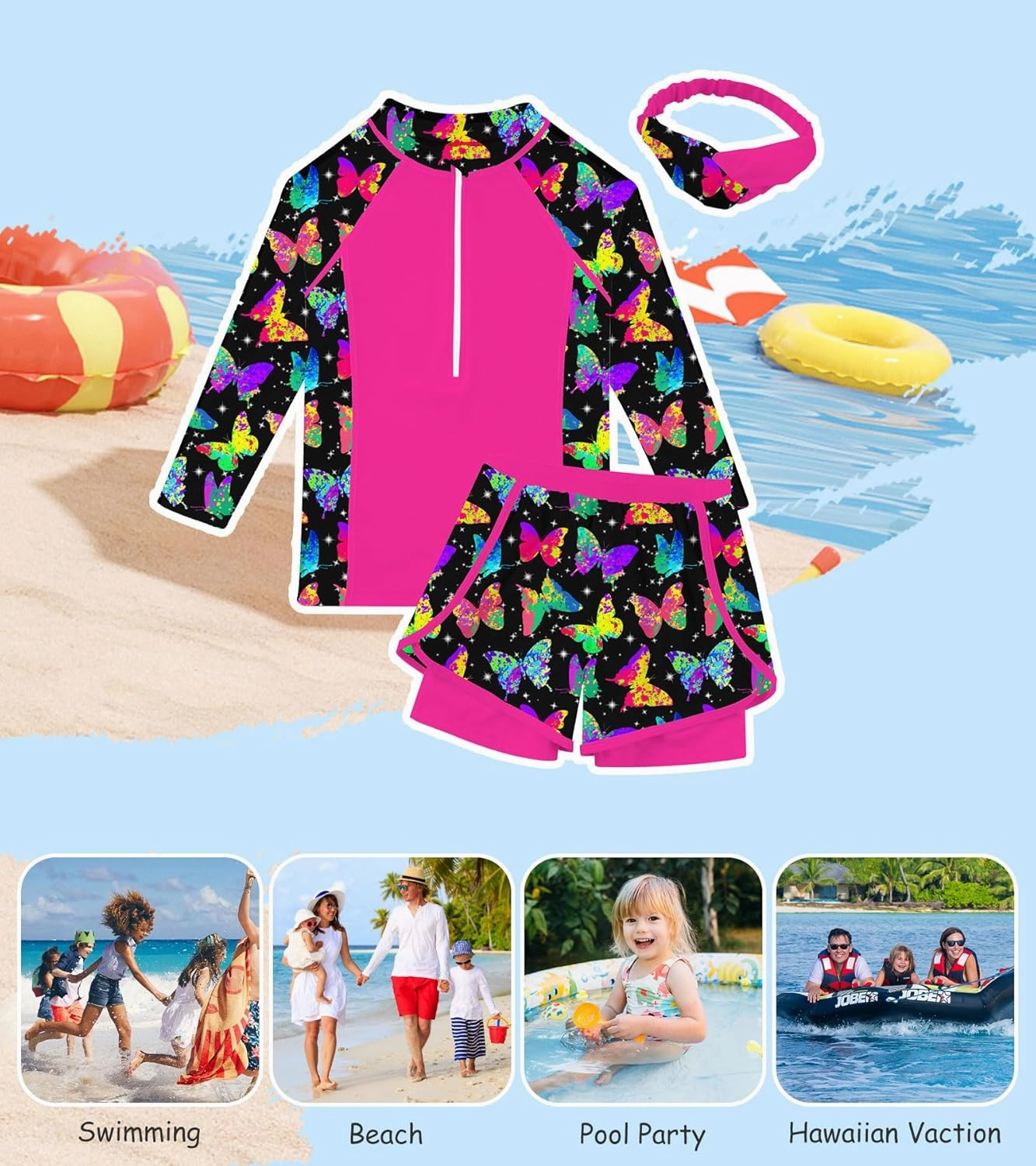 Idgreatim 5-12 Years Girls Swimsuits 3 Piece Rashguard Set with Headband Long Sleeve UPF 50  Bathing Suit with Zipper