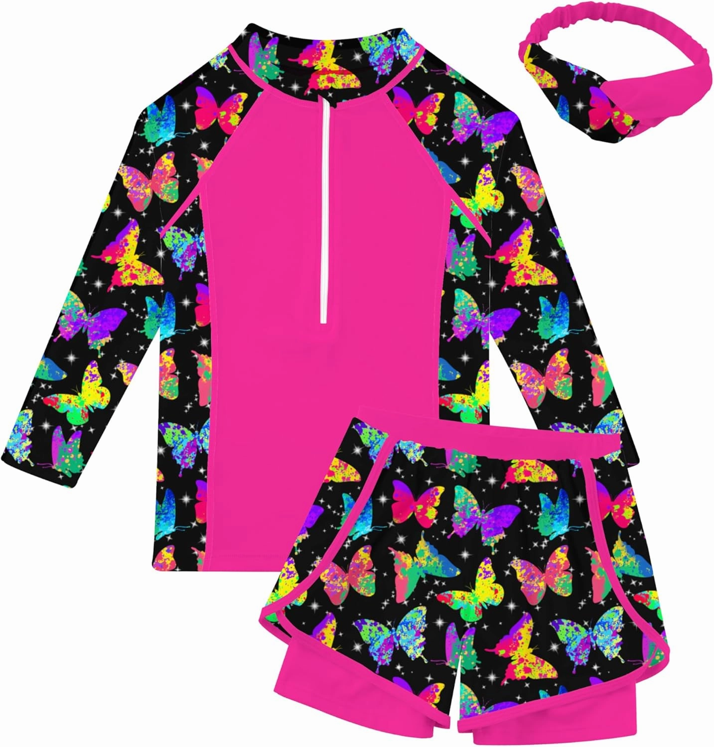 Idgreatim 5-12 Years Girls Swimsuits 3 Piece Rashguard Set with Headband Long Sleeve UPF 50  Bathing Suit with Zipper