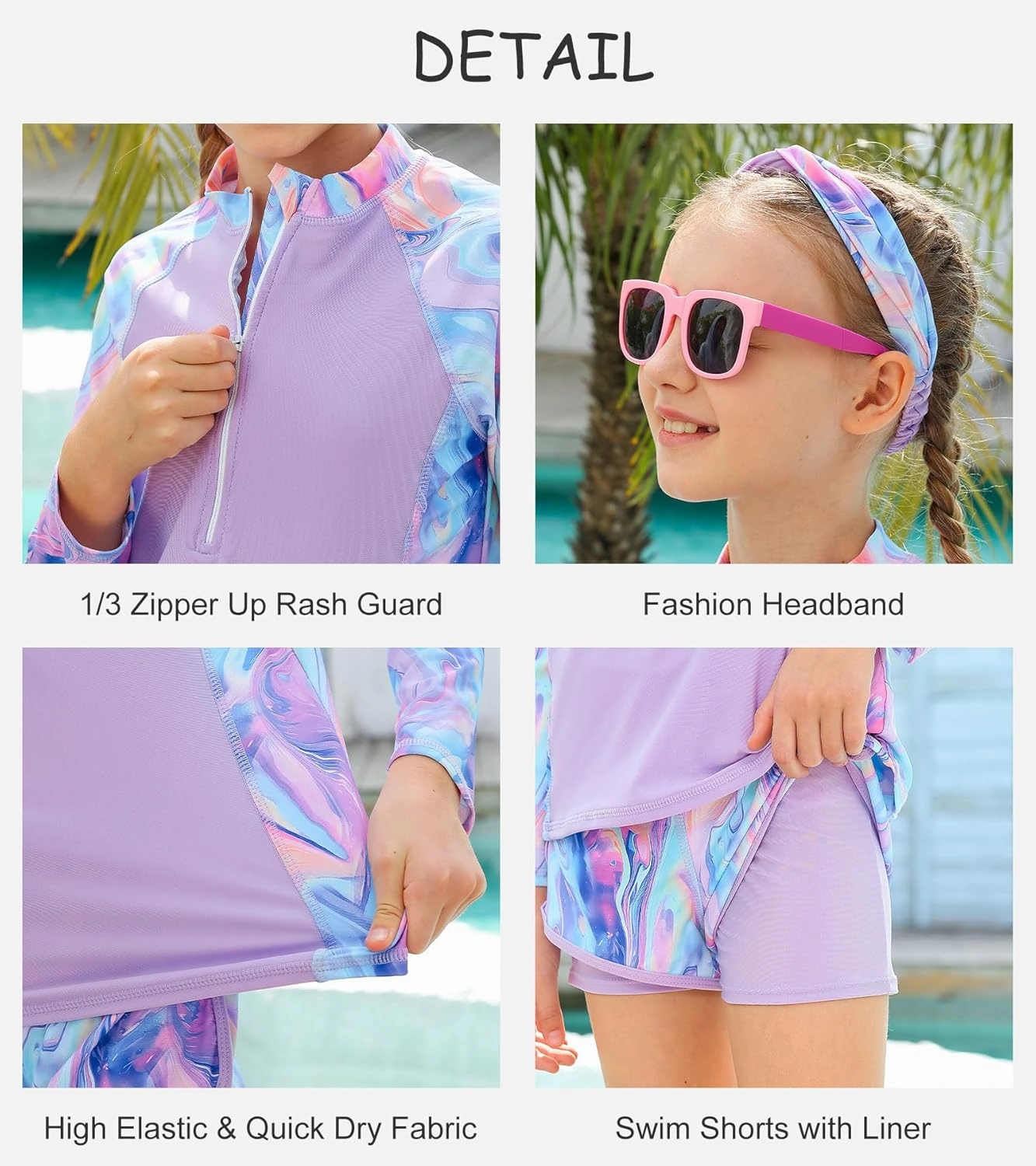 Idgreatim 5-12 Years Girls Swimsuits 3 Piece Rashguard Set with Headband Long Sleeve UPF 50  Bathing Suit with Zipper