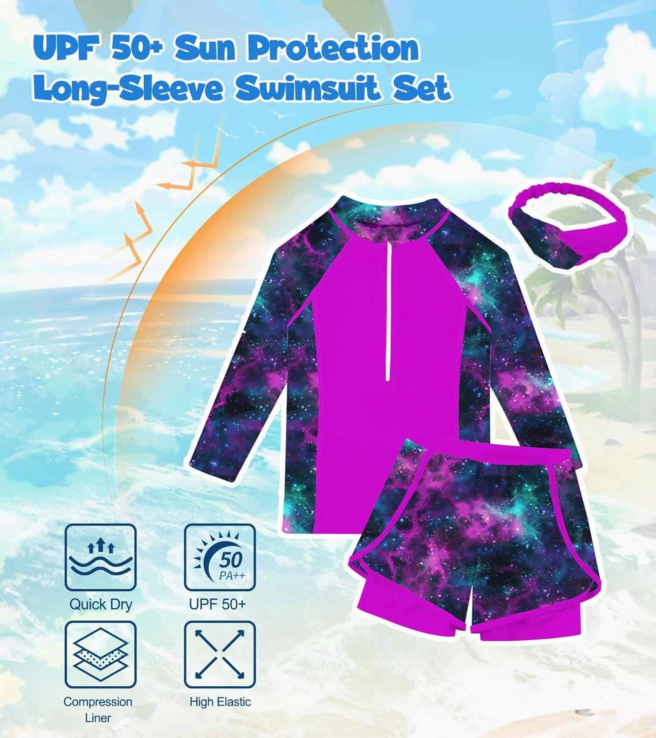 Idgreatim 5-12 Years Girls Swimsuits 3 Piece Rashguard Set with Headband Long Sleeve UPF 50  Bathing Suit with Zipper