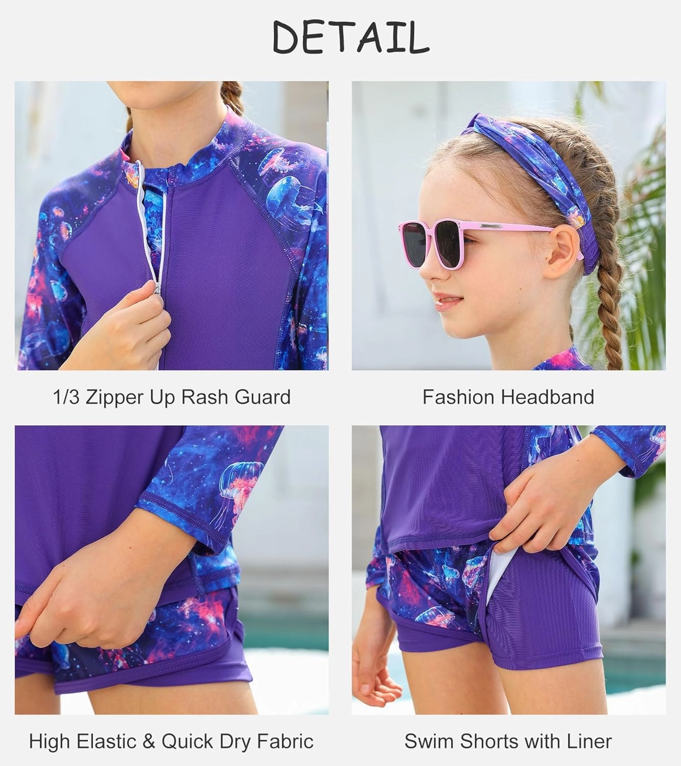 Idgreatim 5-12 Years Girls Swimsuits 3 Piece Rashguard Set with Headband Long Sleeve UPF 50  Bathing Suit with Zipper