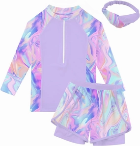 Idgreatim 5-12 Years Girls Swimsuits 3 Piece Rashguard Set with Headband Long Sleeve UPF 50  Bathing Suit with Zipper