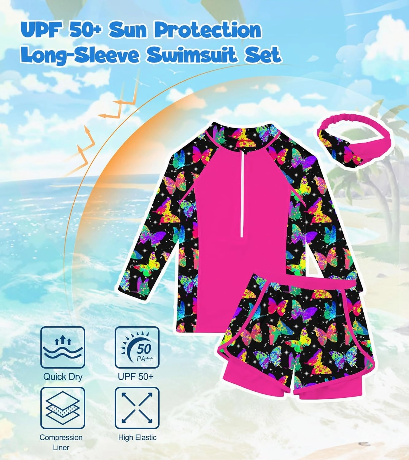 Idgreatim 5-12 Years Girls Swimsuits 3 Piece Rashguard Set with Headband Long Sleeve UPF 50  Bathing Suit with Zipper