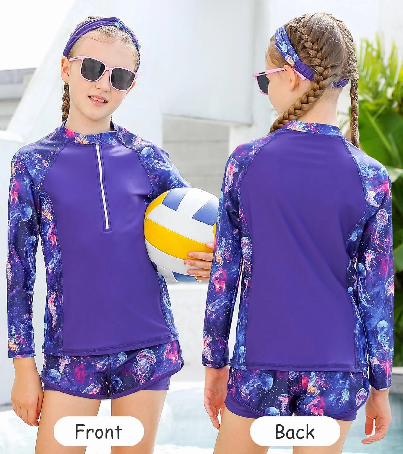 Idgreatim 5-12 Years Girls Swimsuits 3 Piece Rashguard Set with Headband Long Sleeve UPF 50  Bathing Suit with Zipper