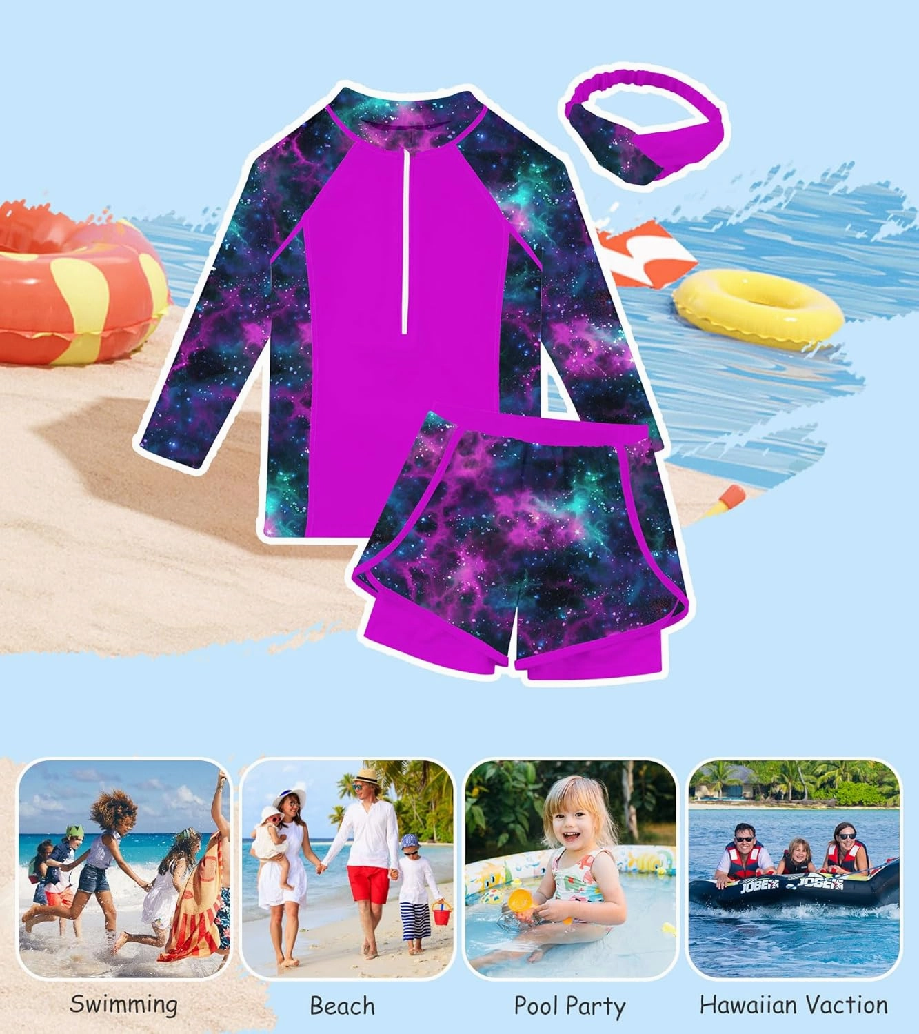 Idgreatim 5-12 Years Girls Swimsuits 3 Piece Rashguard Set with Headband Long Sleeve UPF 50  Bathing Suit with Zipper