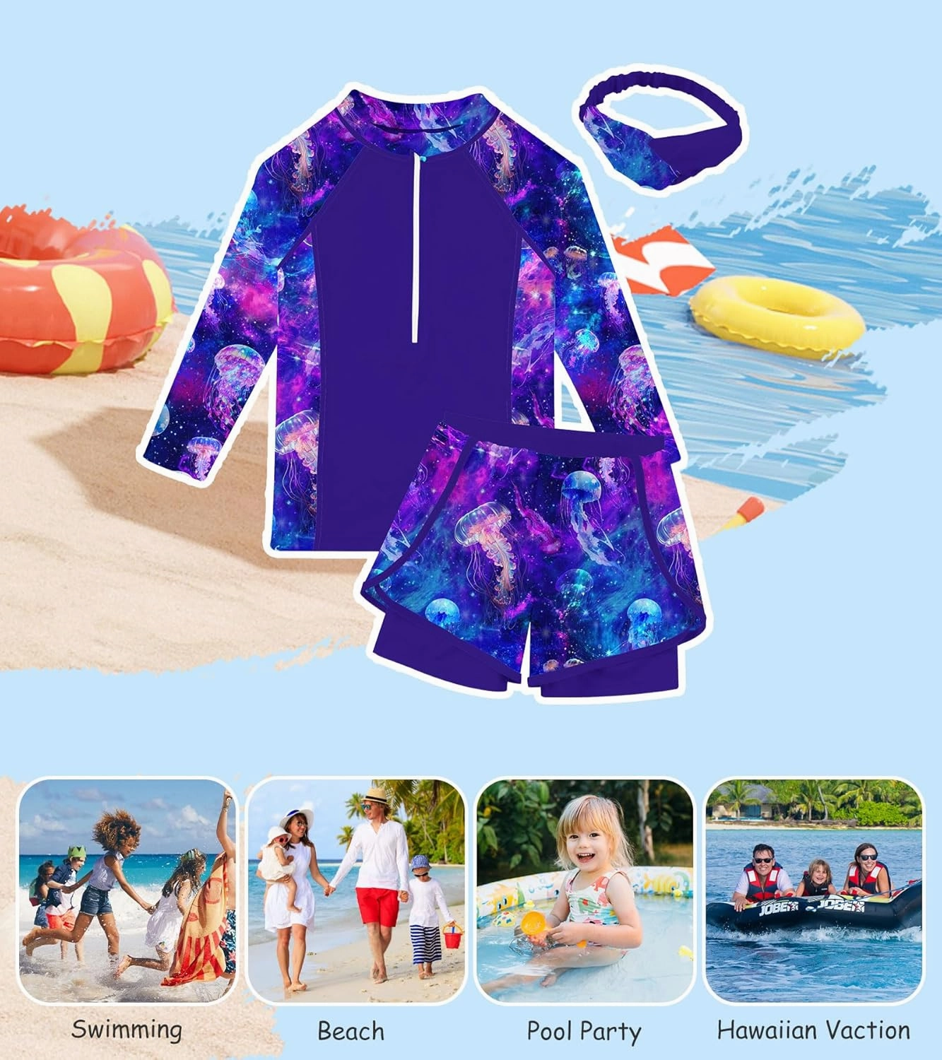 Idgreatim 5-12 Years Girls Swimsuits 3 Piece Rashguard Set with Headband Long Sleeve UPF 50  Bathing Suit with Zipper