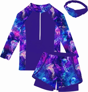 Idgreatim 5-12 Years Girls Swimsuits 3 Piece Rashguard Set with Headband Long Sleeve UPF 50  Bathing Suit with Zipper