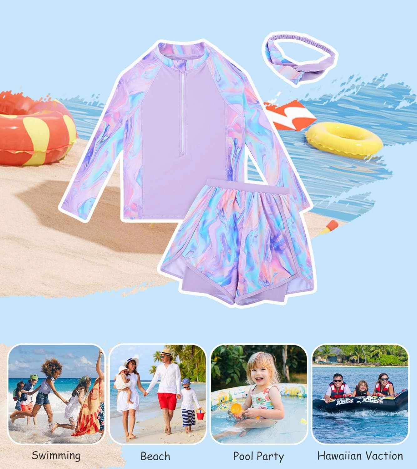 Idgreatim 5-12 Years Girls Swimsuits 3 Piece Rashguard Set with Headband Long Sleeve UPF 50  Bathing Suit with Zipper