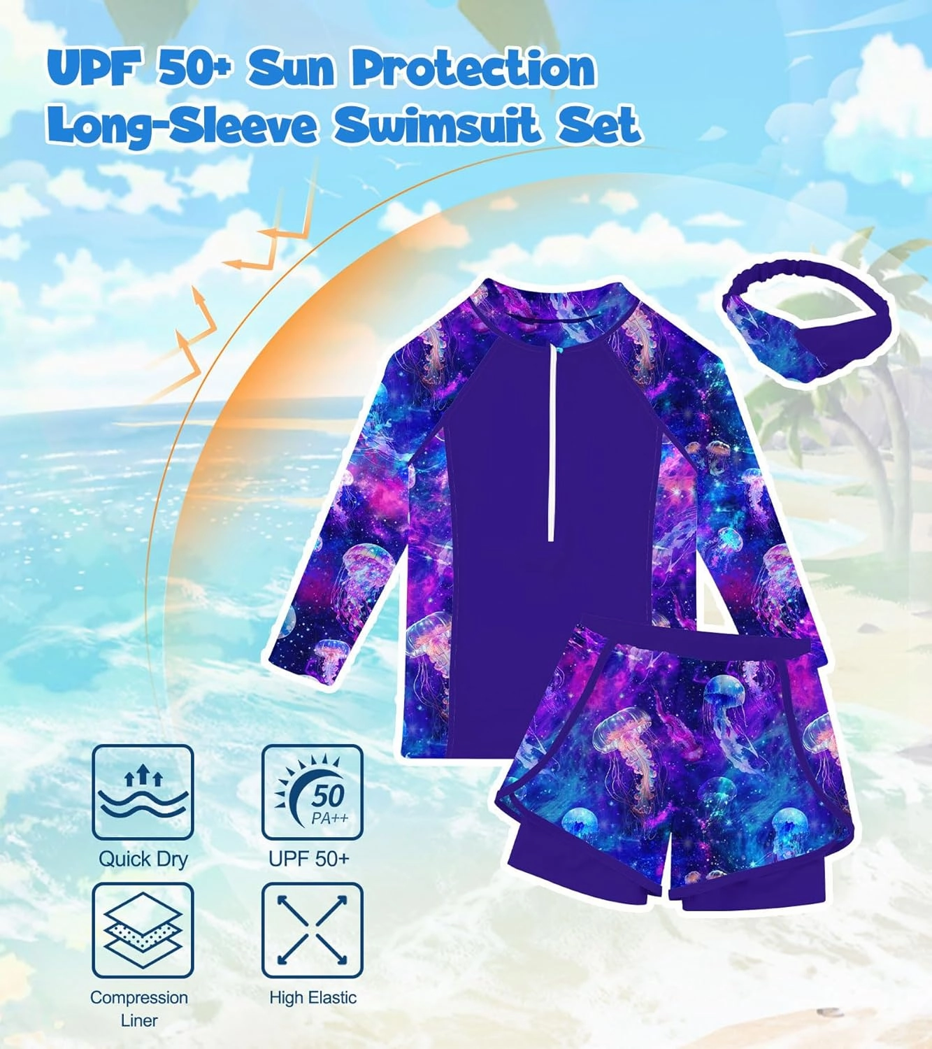 Idgreatim 5-12 Years Girls Swimsuits 3 Piece Rashguard Set with Headband Long Sleeve UPF 50  Bathing Suit with Zipper