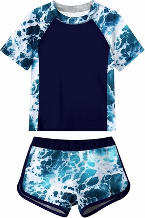 Idgreatim Girls Rashguard Swimsuit 2 Piece Short Sleeve Bathing Suit UPF 50  Sun Proction Swimwear Size 8-14T