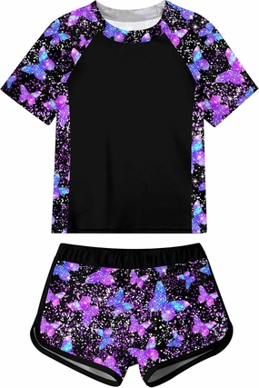 Idgreatim Girls Rashguard Swimsuit 2 Piece Short Sleeve Bathing Suit UPF 50  Sun Proction Swimwear Size 8-14T