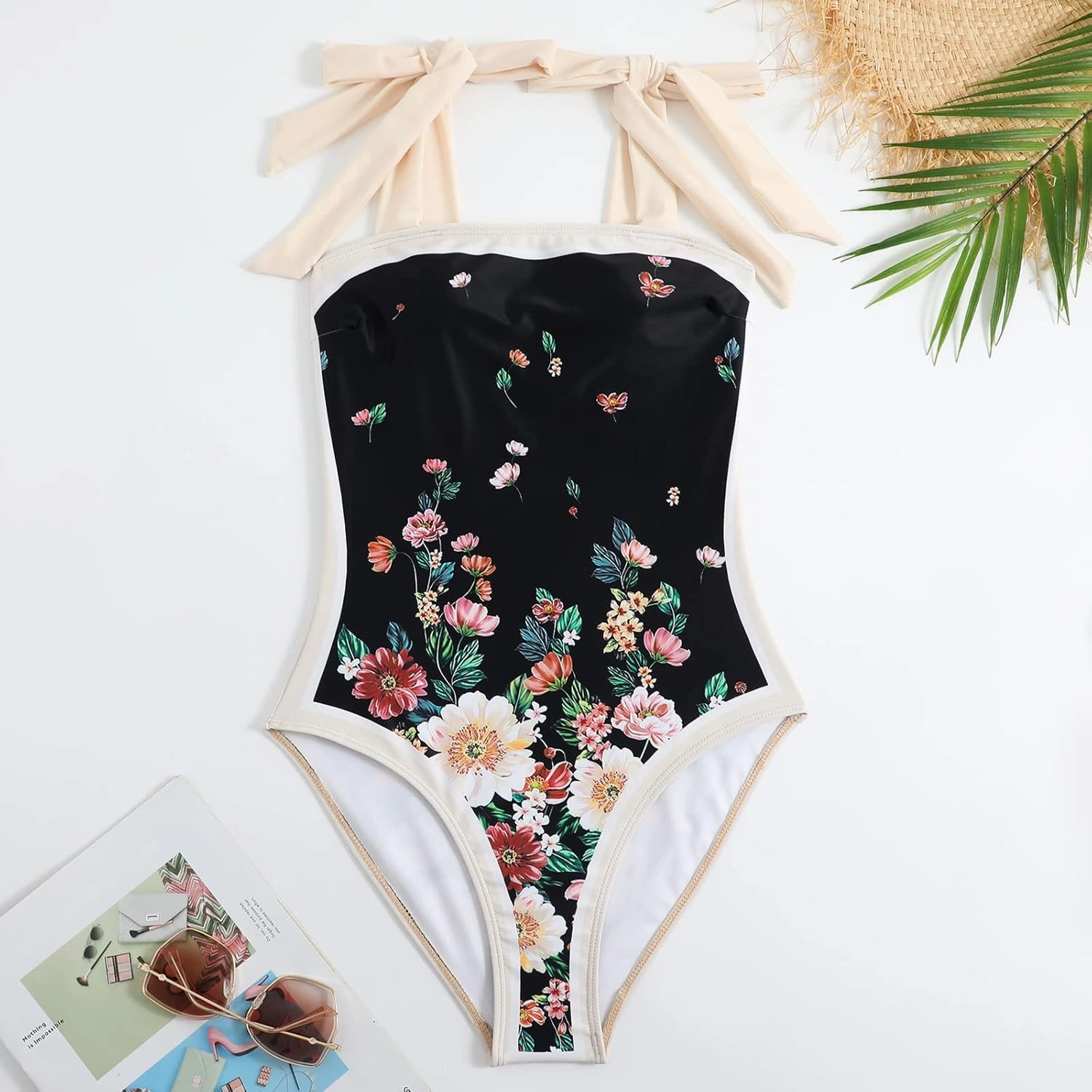 IDOPIP Women's One Piece Swimsuit with Beach Cover up Wrap Skirt Sarong Retro Floral Print Bikini Set Two Piece Bathing Suit