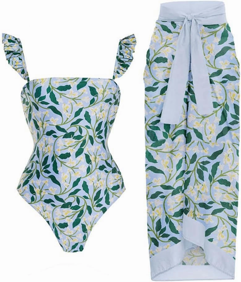 IDOPIP Women's One Piece Swimsuit with Beach Cover up Wrap Skirt Sarong Retro Floral Print Bikini Set Two Piece Bathing Suit