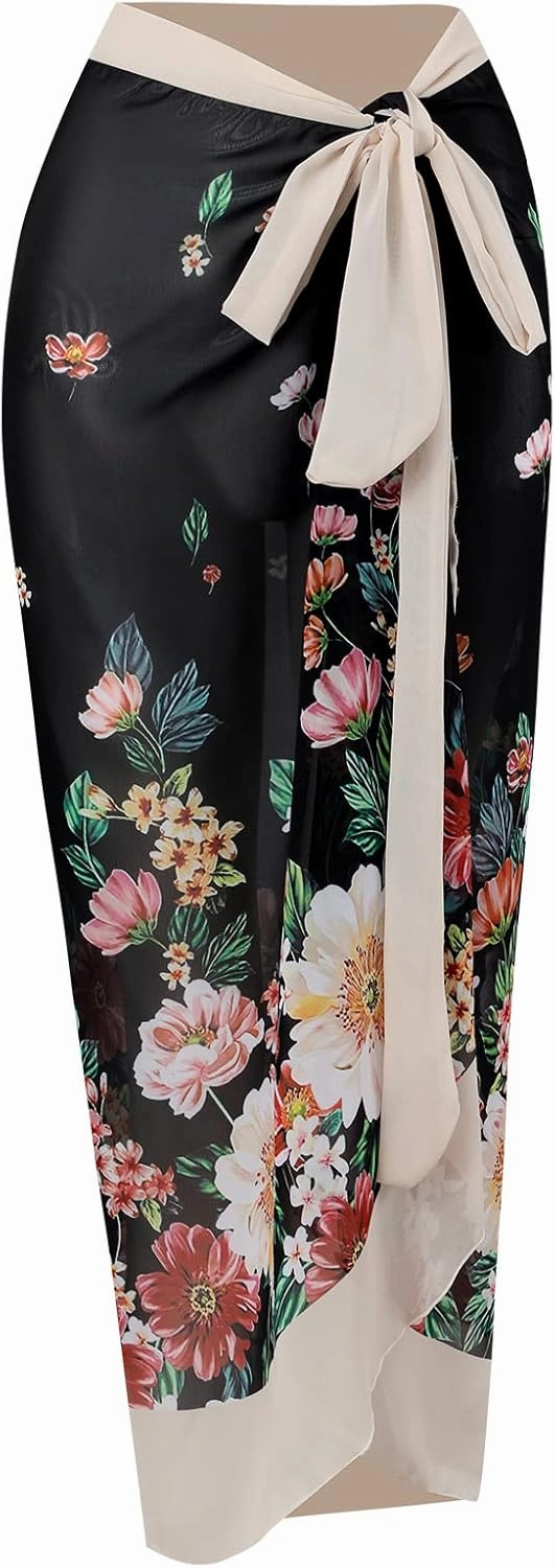 IDOPIP Women's One Piece Swimsuit with Beach Cover up Wrap Skirt Sarong Retro Floral Print Bikini Set Two Piece Bathing Suit