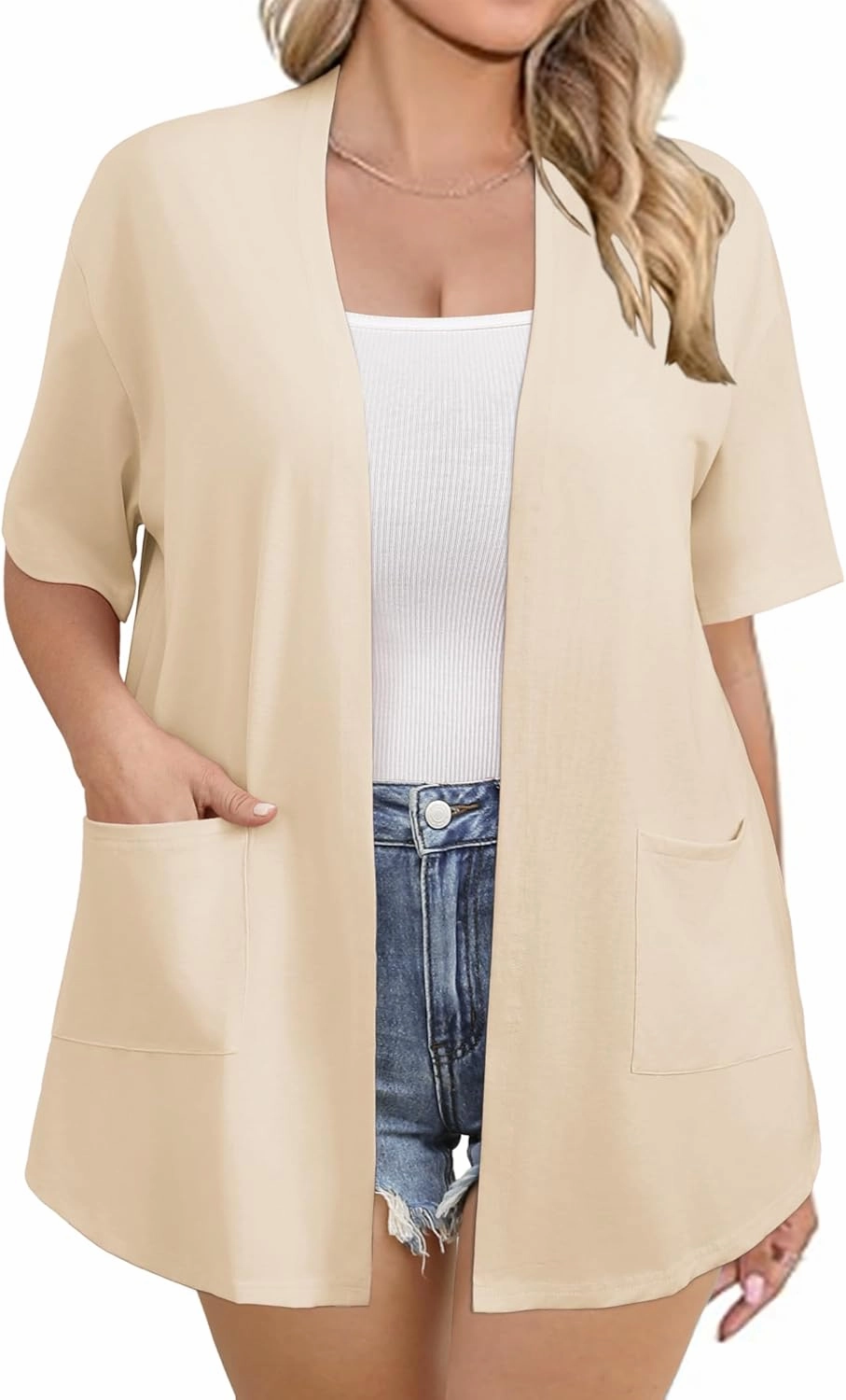 IN'VOLAND Women Plus Size Lightweight Cardigan Short Sleeve Open Front Casual Summer Kimonos Cardigans with Pockets