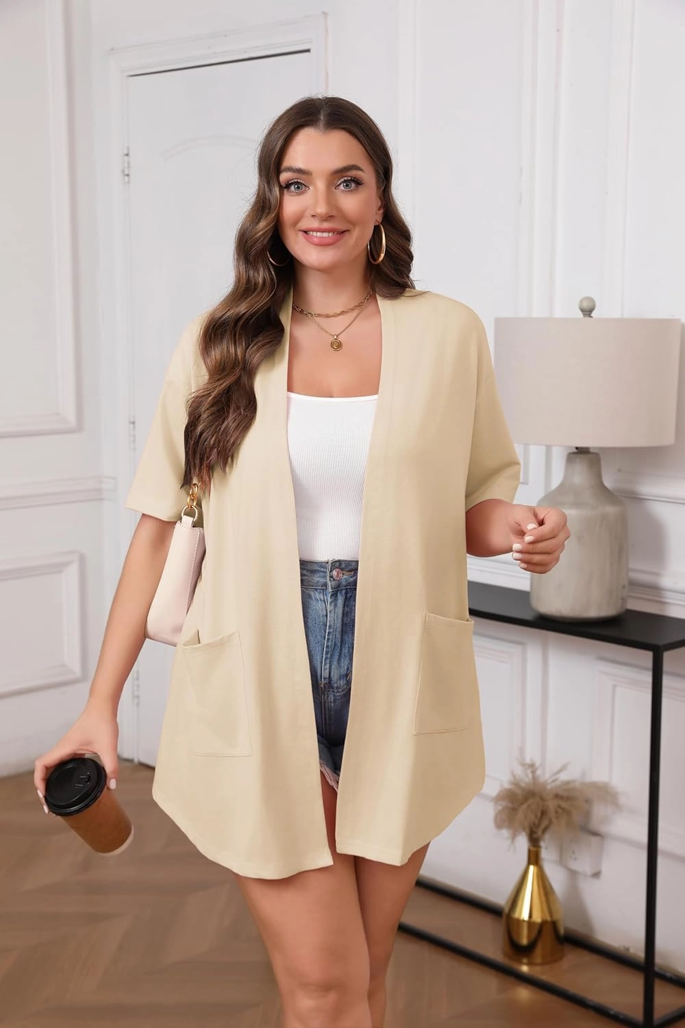 IN'VOLAND Women Plus Size Lightweight Cardigan Short Sleeve Open Front Casual Summer Kimonos Cardigans with Pockets