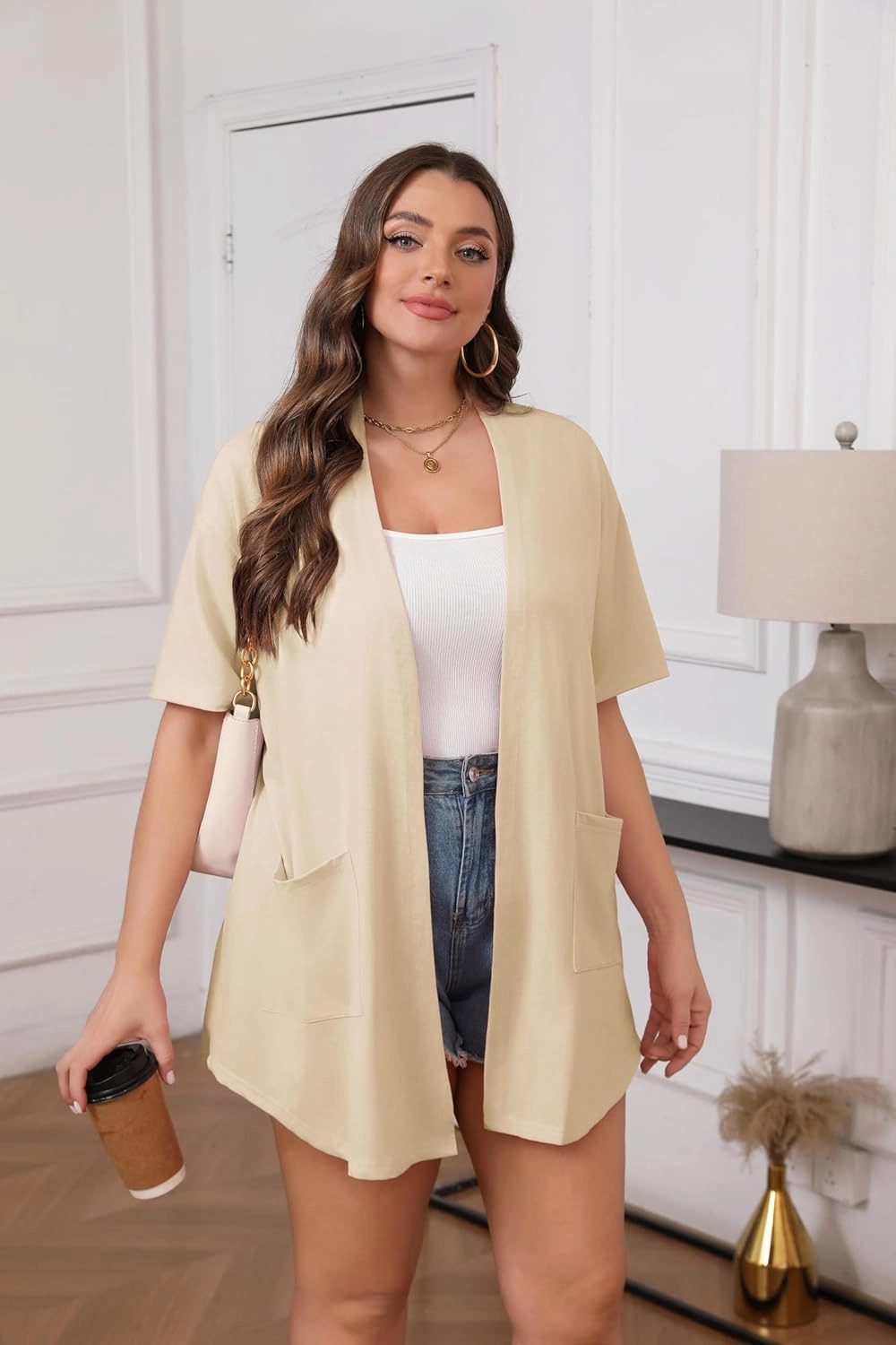 IN'VOLAND Women Plus Size Lightweight Cardigan Short Sleeve Open Front Casual Summer Kimonos Cardigans with Pockets
