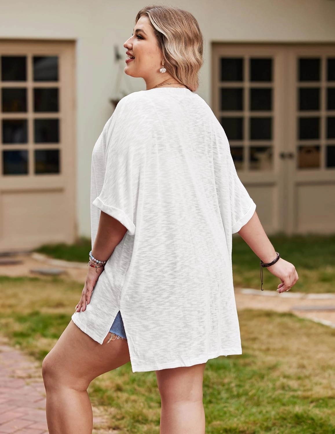 IN'VOLAND Womens Plus Size Lightweight Cardigan Open Front Short Sleeve Casual Loose Fit Beach Cover Up