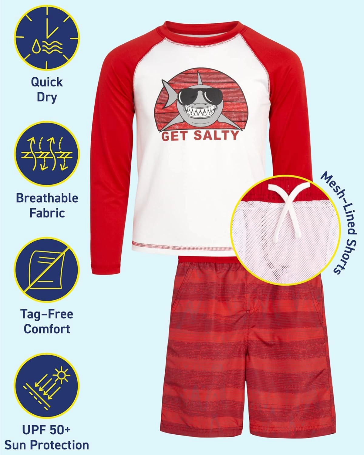 iXtreme Boys Rash Guard Set - 4 Piece UPF 50  Quick Dry Long Sleeve Swim Shirt and Swim Trunks for Boys (Sizes: 5-14)